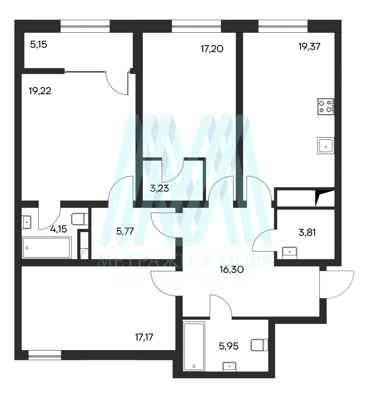 3-комнатная квартира №16 ЖК Листория,К3, 1 этаж