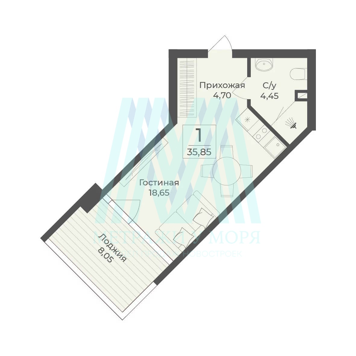 Апартамент 35,85 кв.м. на 5 этаже в комплексе Тамерун корп 1