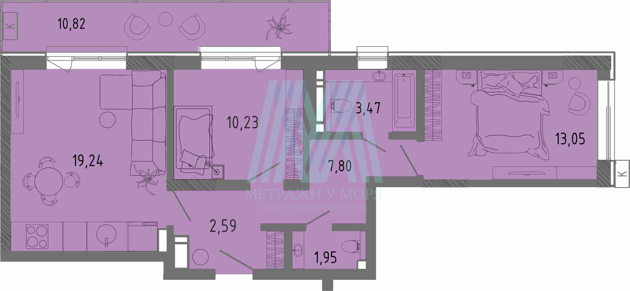 Трехкомнатная квартира в ЖК Сок 61,58 кв.м. 11 этаж, секция 1
