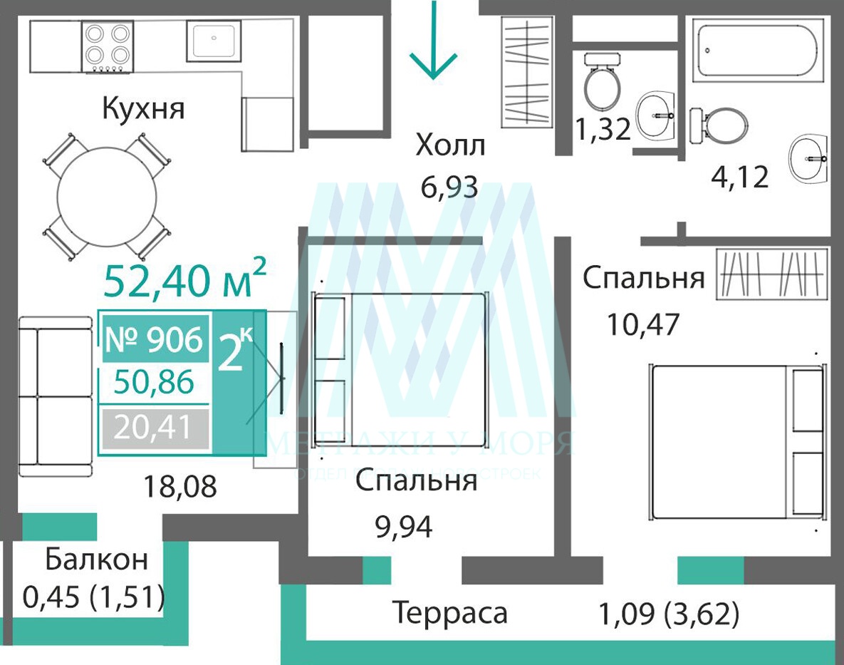 ЖК Подсолнух 2⁩-к квартира №⁨906 52,40 м² (А2, этаж ⁨9)⁩