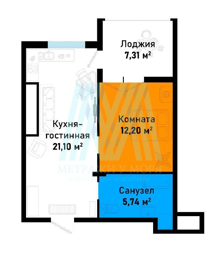 Однокомнатная квартира в ЖК Бухта Счастливая 46,35 кв.м. 7 этаж лот 705