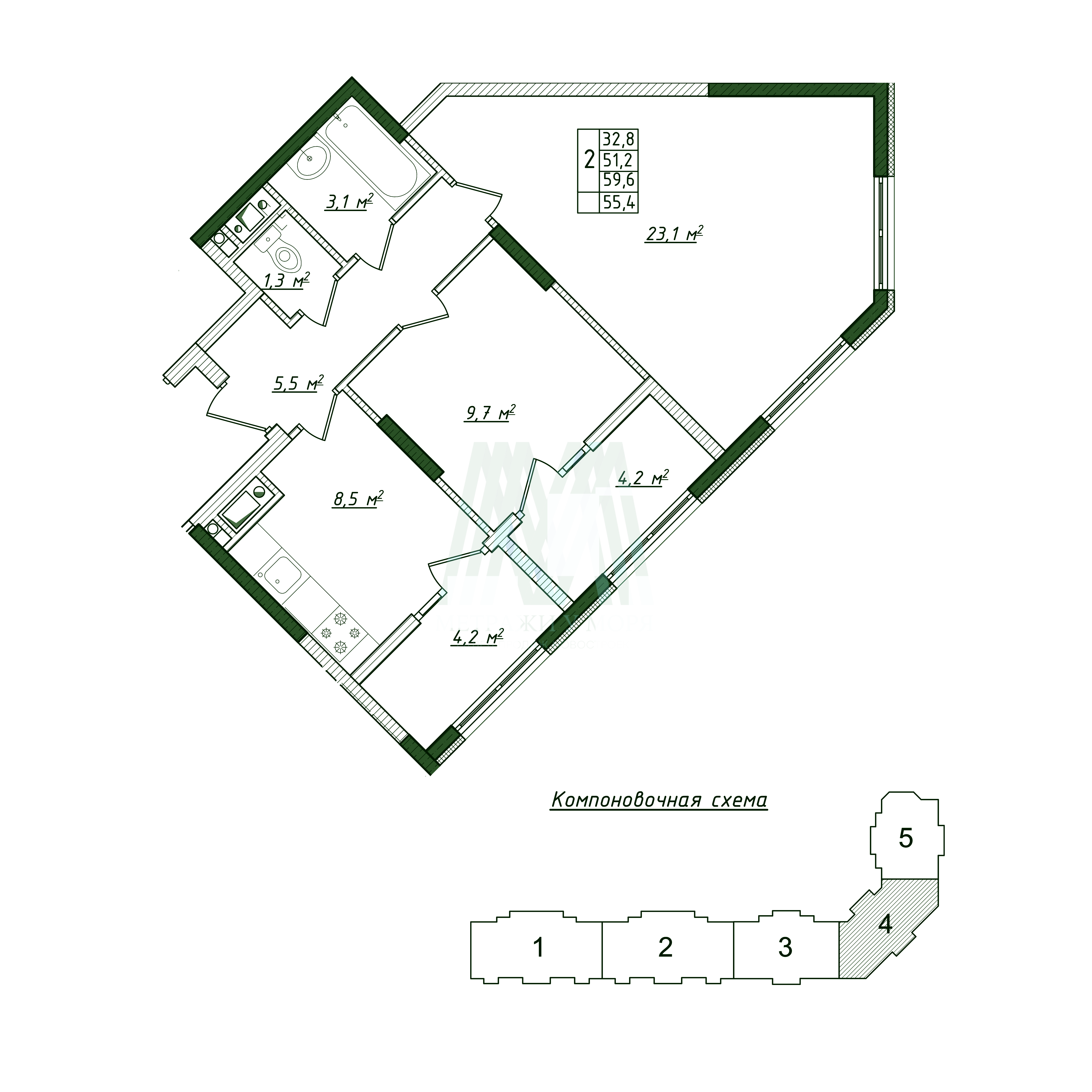 ЖК Мраморный  2К квартира 55,4 м² №425