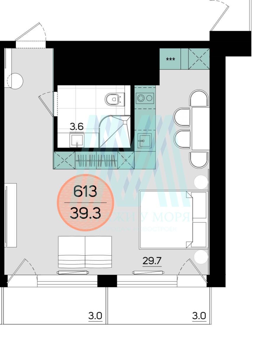 Апартамент 39,3 кв.м. на 6 этаже в комплексе Sky7