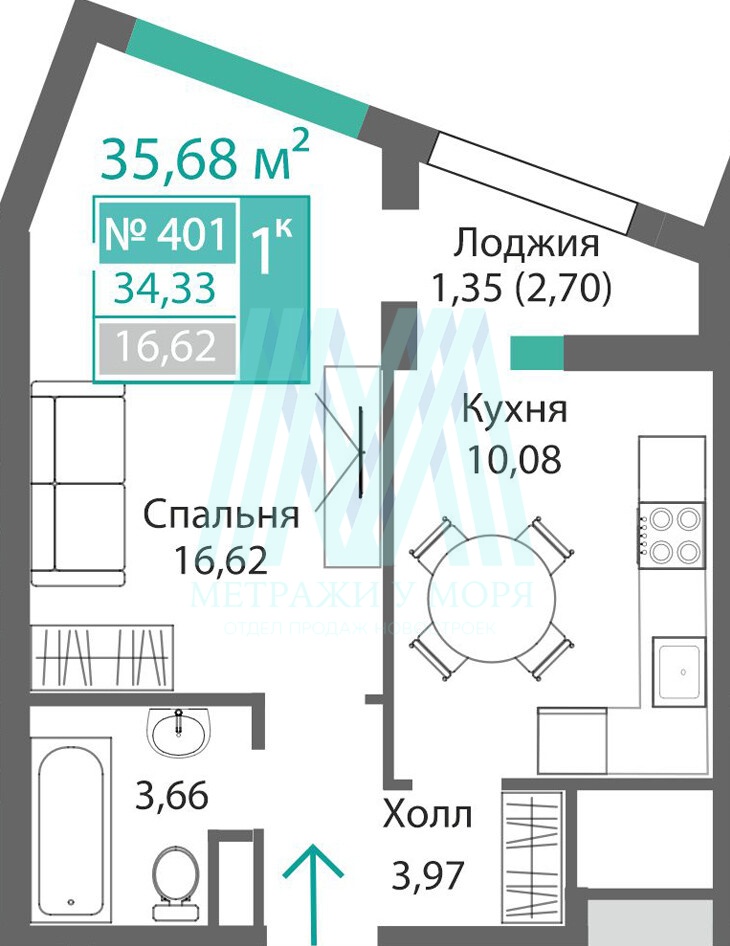 ЖК Подсолнух 1⁩-к квартира №⁨401 35,68 м² (А2⁩, этаж ⁨4)⁩
