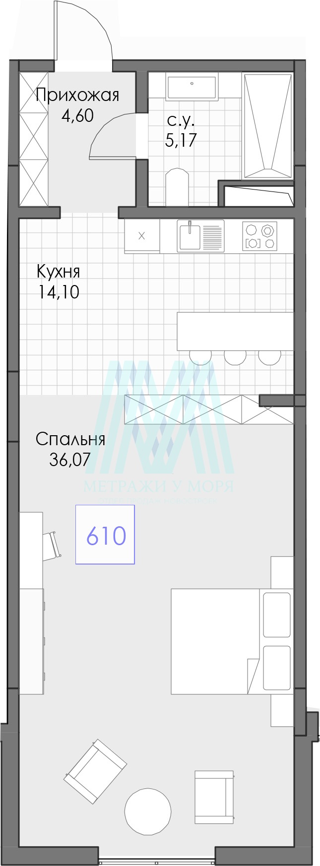 Апартаменты 59,94 кв.м. на 6 этаже в комплексе Берий Палас