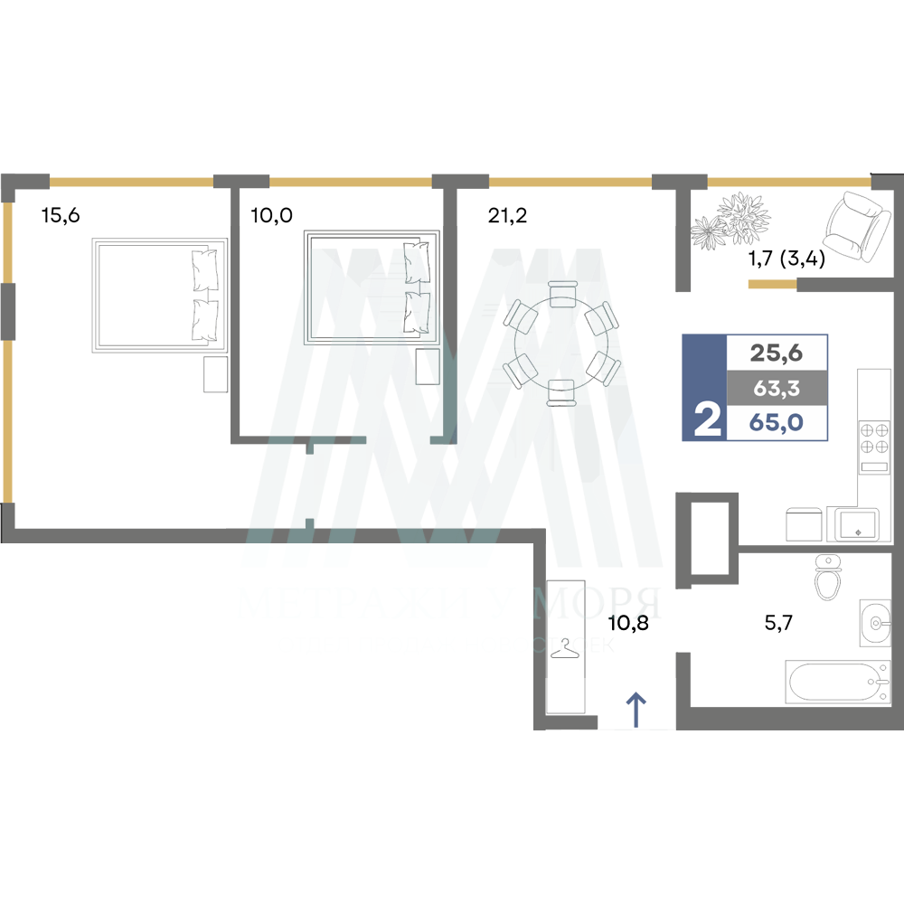 2-комнатная квартира №53 ЖК "Прогресс", 6 этаж, Д1, очередь 2 