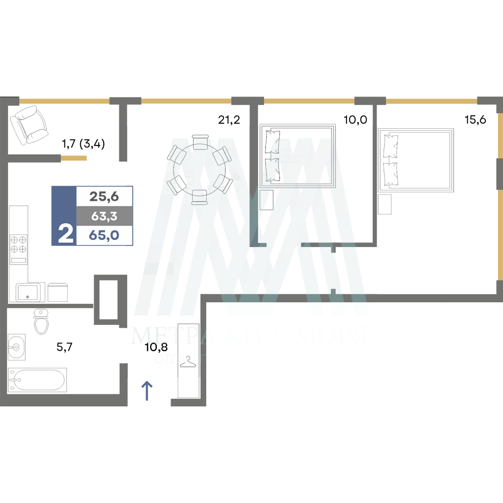 2-комнатная квартира №63 ЖК "Прогресс", 8 этаж, Д3, очередь 2