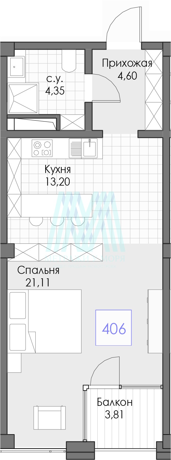 Апартаменты 47,07 кв.м. на 4 этаже в комплексе Берий Палас