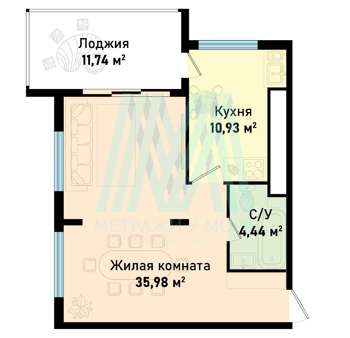 Двухкомнатная квартира в ЖК Бухта Счастливая 63.09 кв.м. 8 этаж лот 804