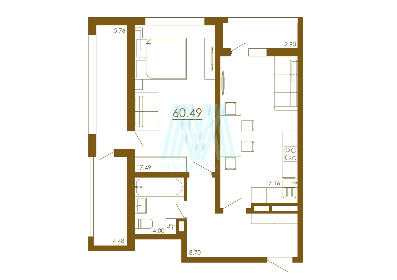 1-комнатнпя квартира №98 ЖК "Крокус" Д3 9 этаж