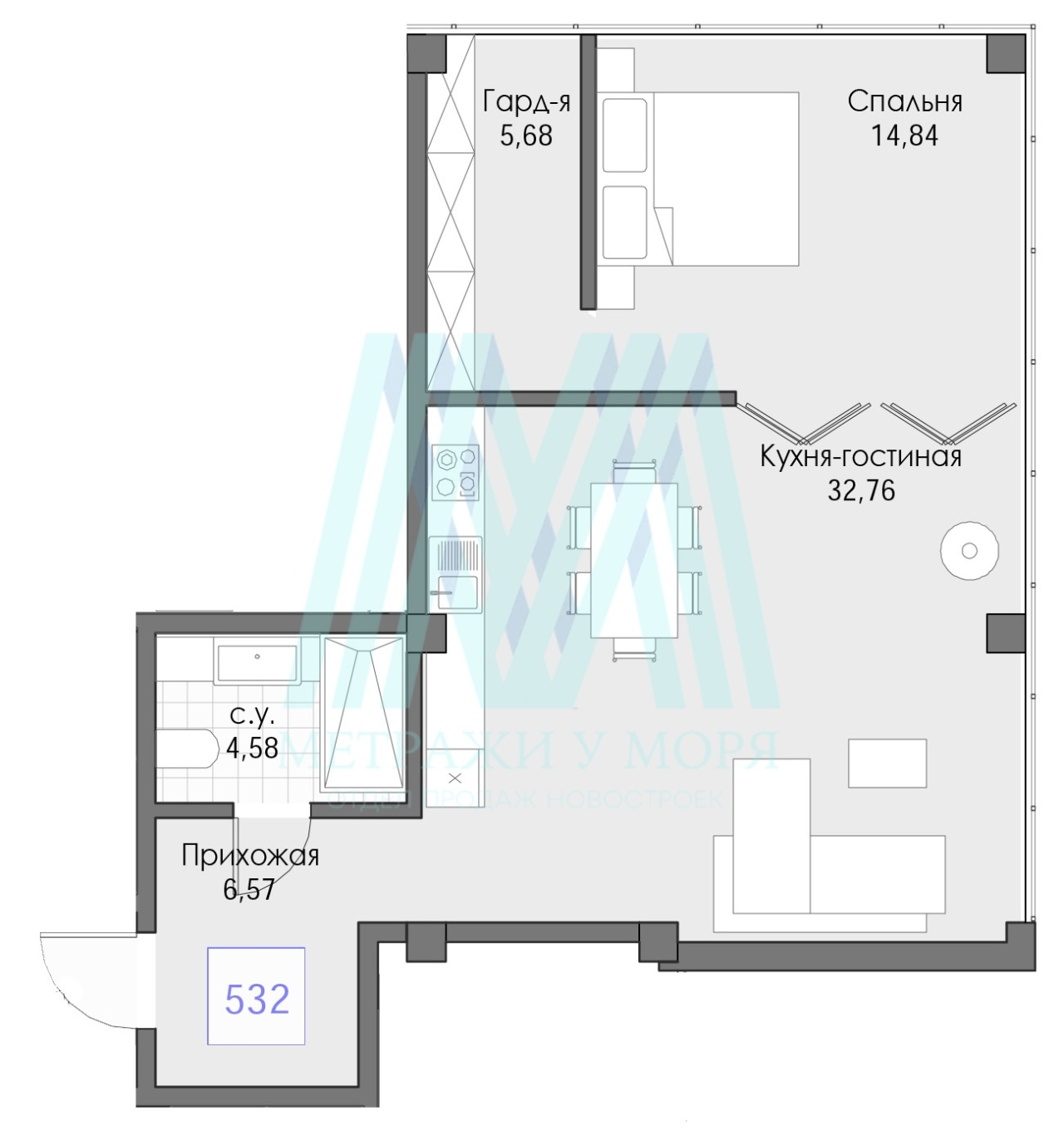 Двухкомнатные апартаменты 64,43 кв.м. на 5 этаже в комплексе Берий Палас