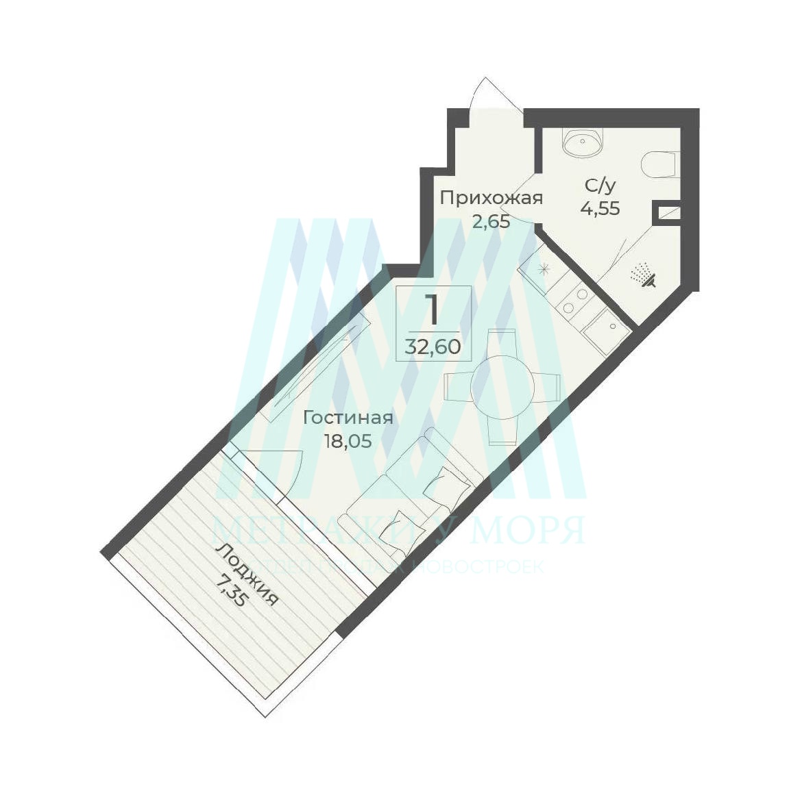Апартамент 1 комнатные 32,6 кв.м.в комплексе Tamerun (Тамерун)