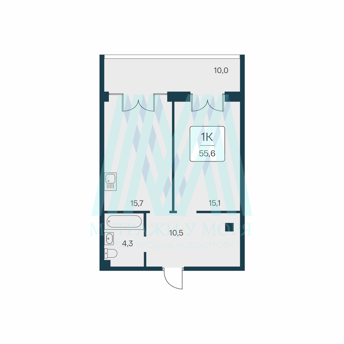 1 к. кв. в комплексе Вилла Маяк в Алупке 55,6  кв.м. на 1 этаже 