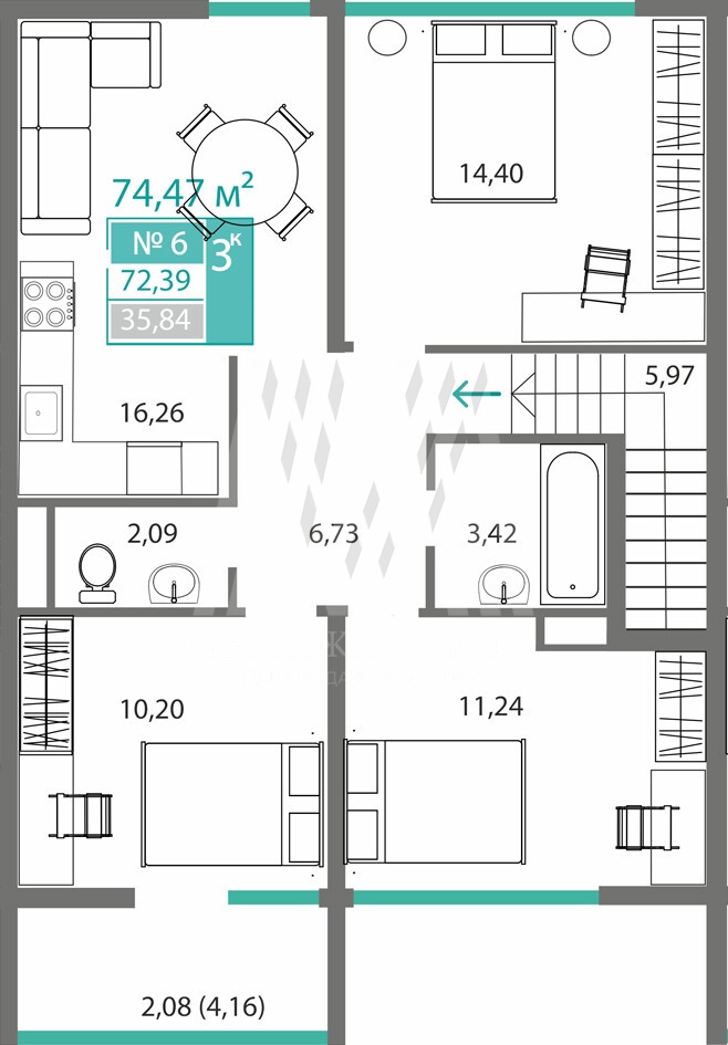 ⁨ЖК Горизонты1 3⁩-к квартира №⁨6⁩ 72,39 м² (Секция ⁨М1⁩, этаж 2)⁩