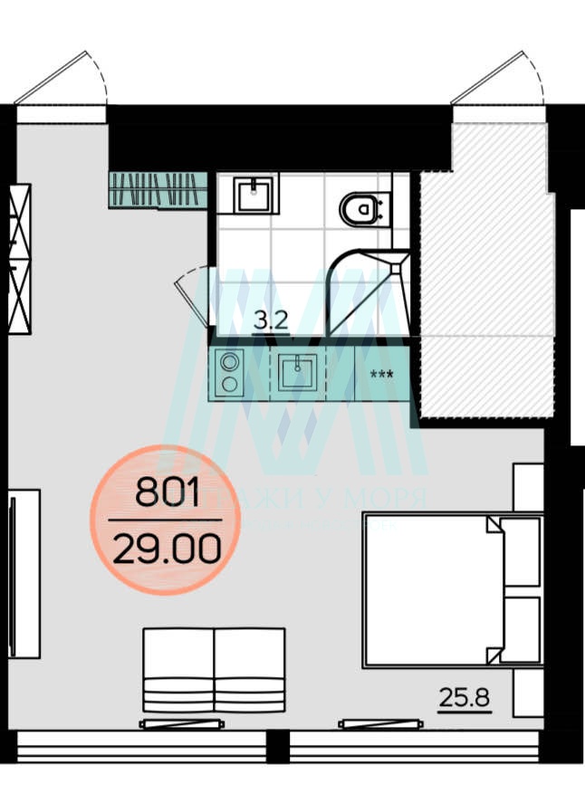 Апартамент 29 кв.м. на 8 этаже в комплексе Sky7