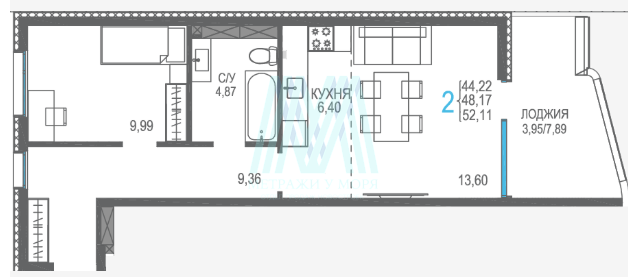 ЖК Розовое озеро 2К квартира 52.11 м², 2 этаж, 8 корпус 