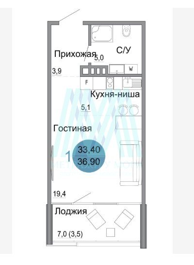 1к  ЖК "Белый город"  36,9кв.м.  
