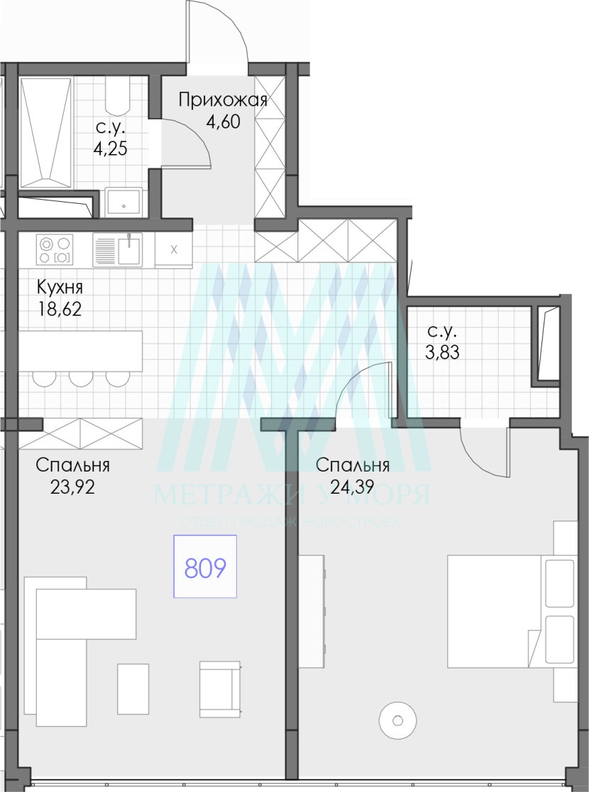 Двухкомнатные артаменты 79,61 кв.м. на 8 этаже в комплексе Берий Палас