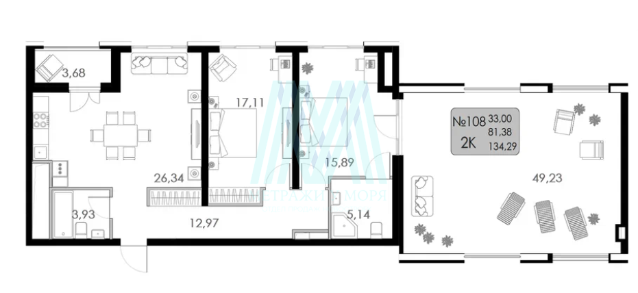 ЖК Долина Роз 1К квартира 134.29 м², 1 этаж номер 108