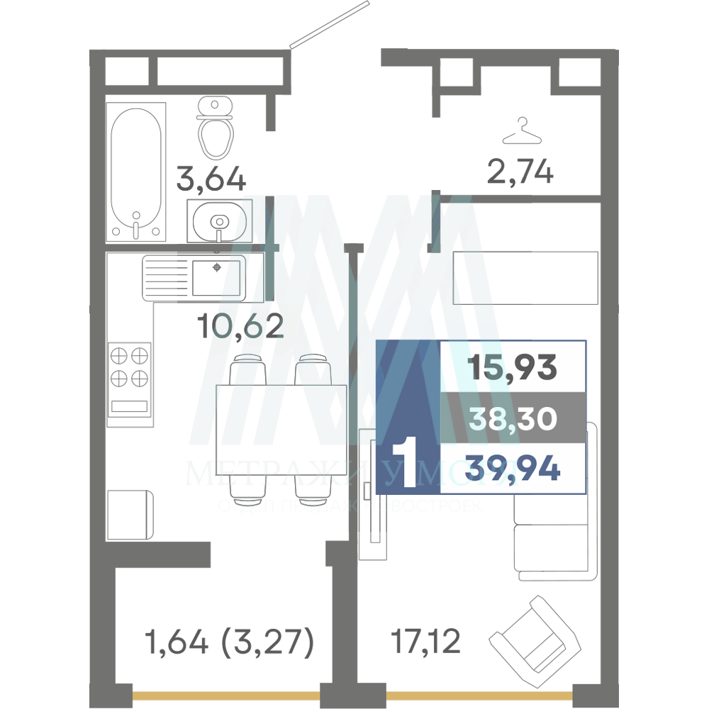1-комнатная квартира №59 ЖК "Миндаль" Д1 8 этаж