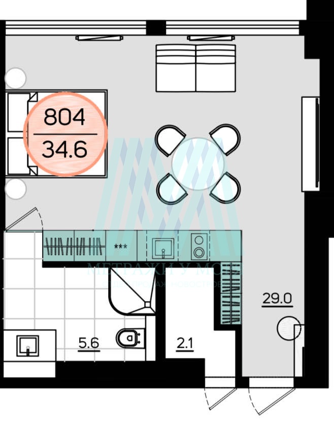 Апартамент 34,6 кв.м. на 8 этаже в комплексе Sky7