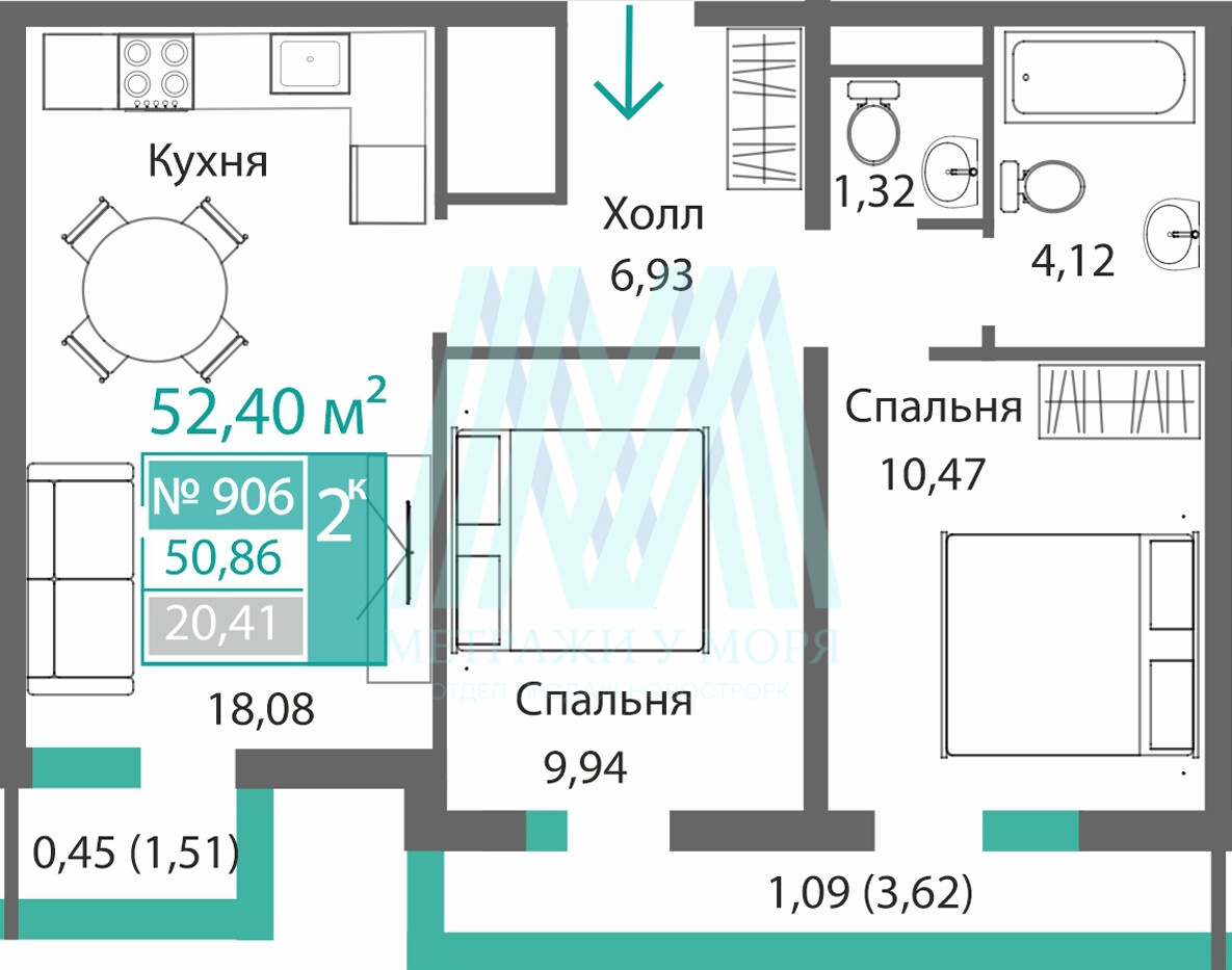 ЖК Барбарис ⁨2⁩-к квартира №⁨906 52,4 м² (А1, этаж 9⁩⁩⁩⁩⁩⁩)⁩⁩