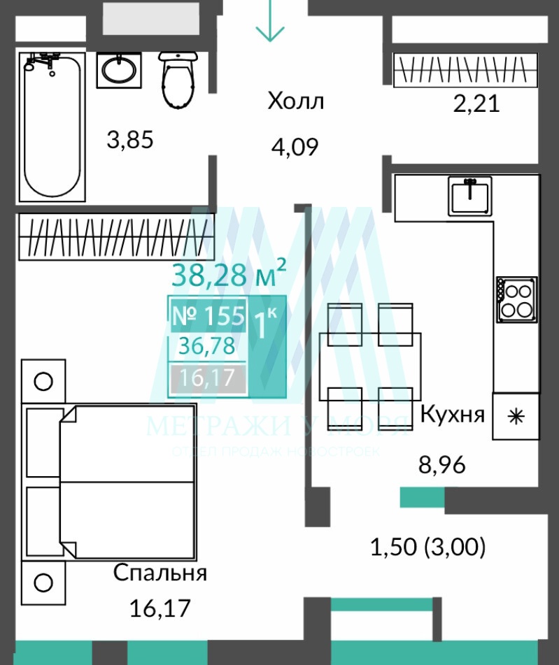 ЖК Единство ⁨1⁩-к квартира №⁨155⁩ 36,78 м² (⁨Корпус 2⁩, этаж 7)