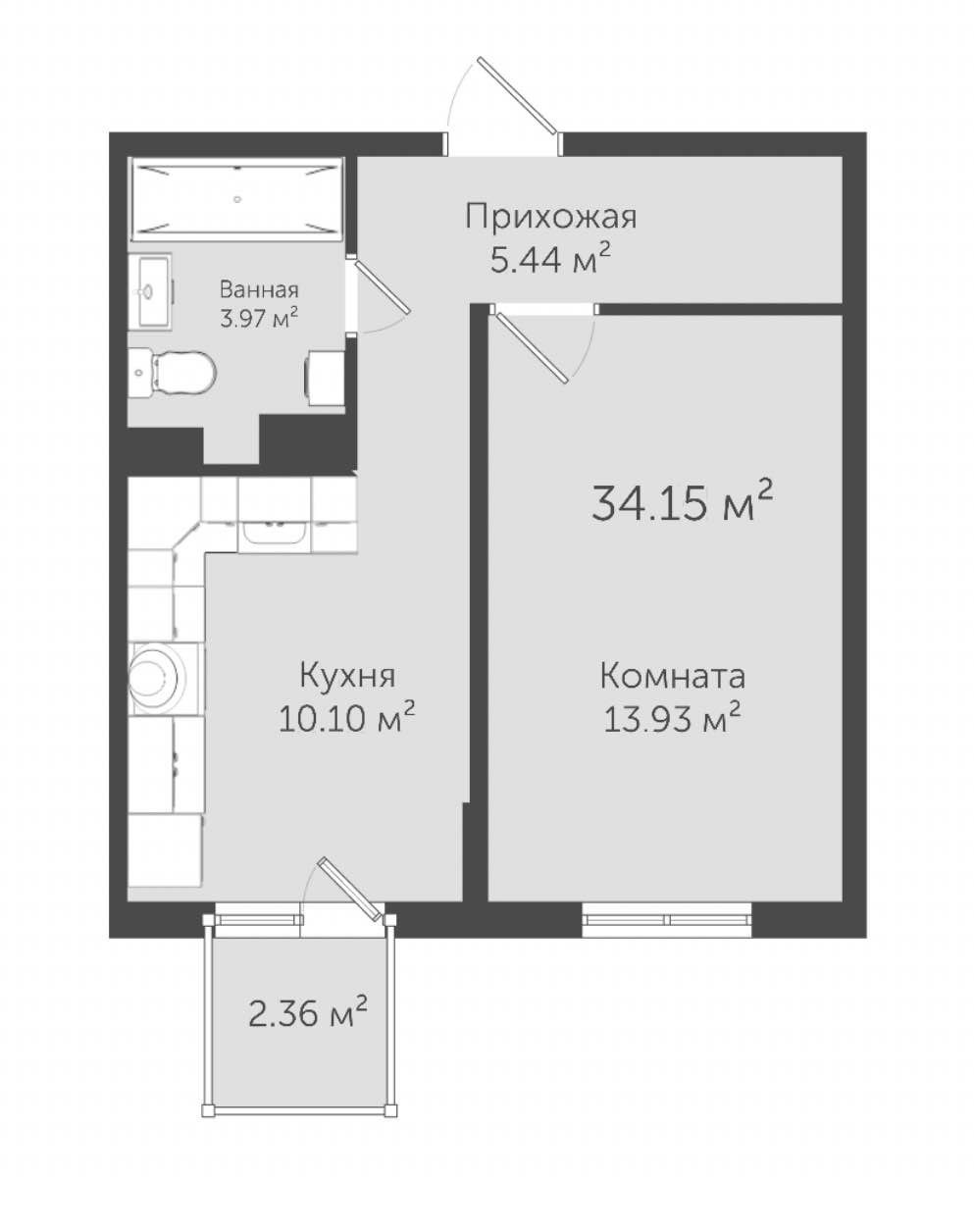 1 к. кв. в комплексе Евпатория 34,2 кв.м. на 4 этаже в корпусе Г