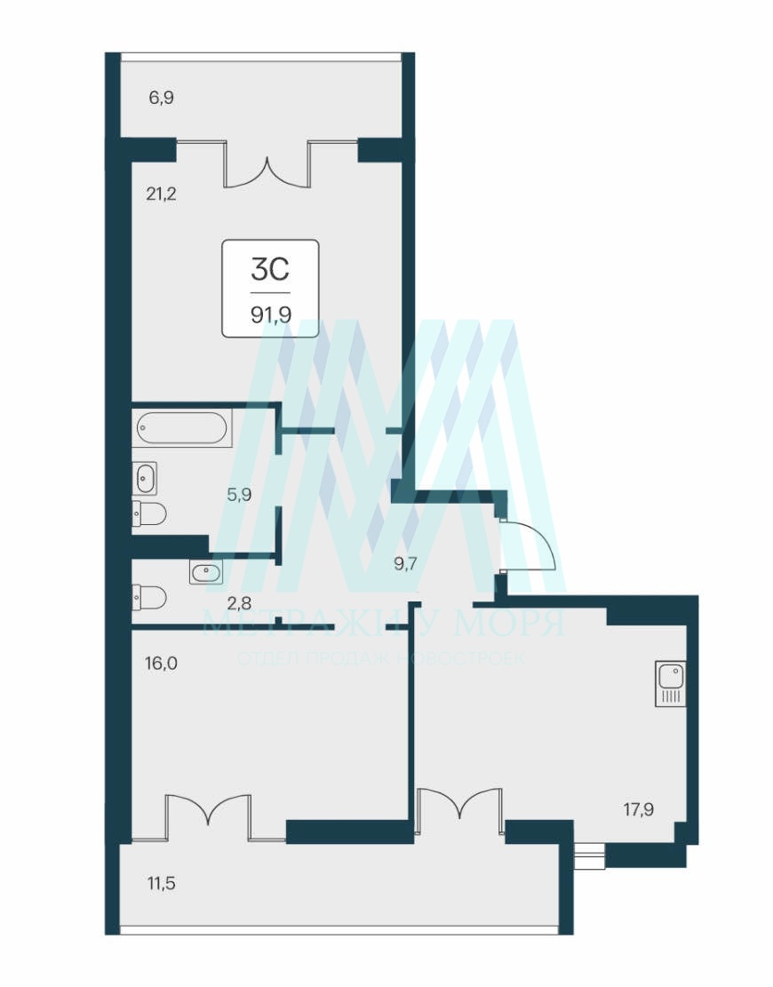 3 к. кв. в комплексе Вилла Маяк в Алупке 91,9 кв.м. на 3 этаже 