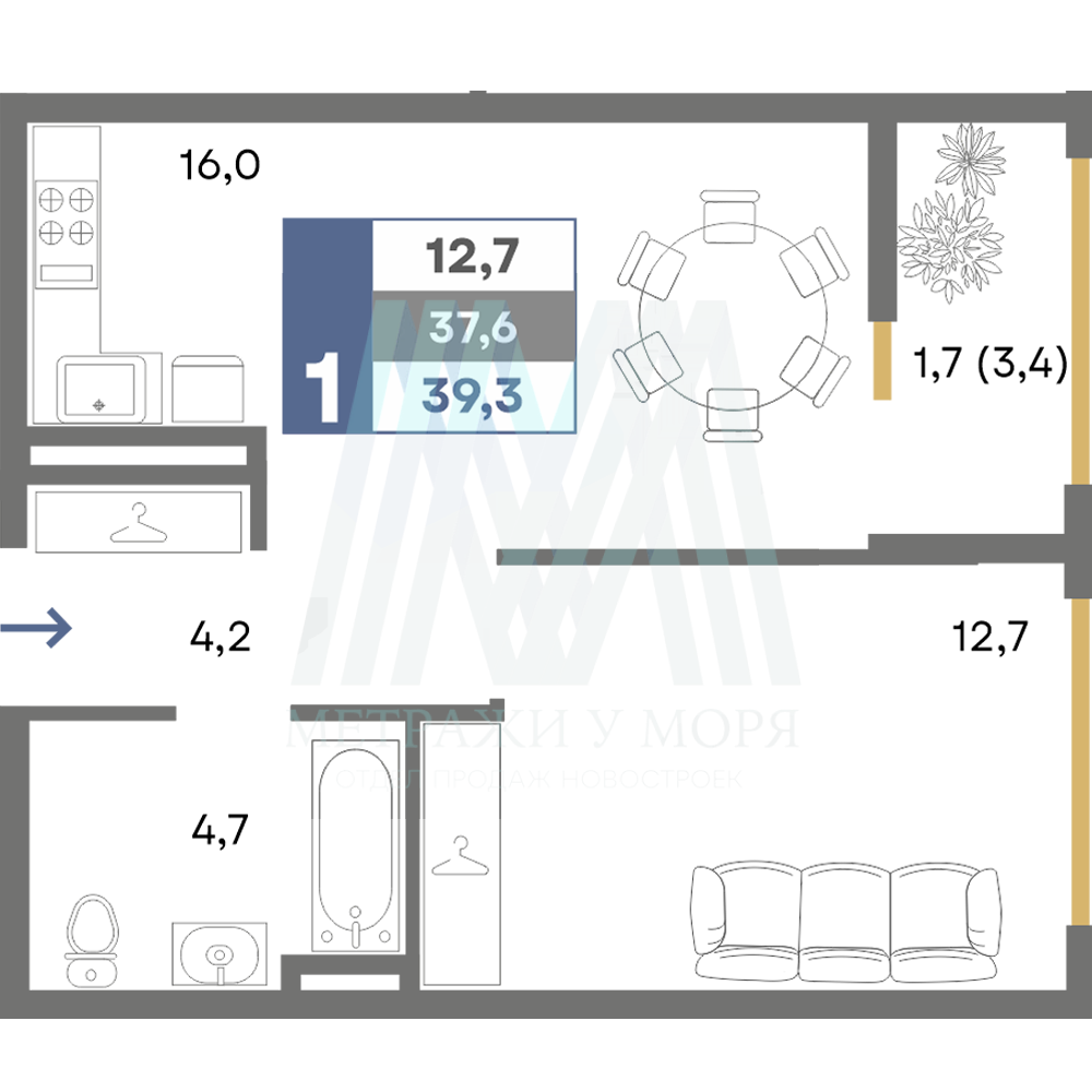 1-комнатная квартира №109 ЖК "Прогресс" Д2, 13 этаж, 2 очередь