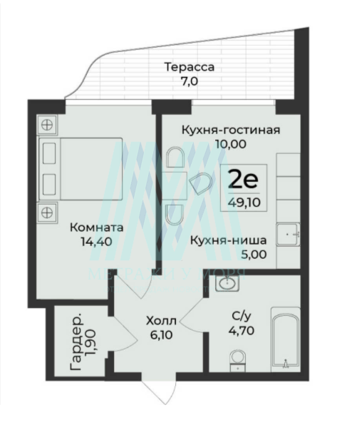 Квартира двухкомнатная в комплексе Нега 49,1 кв.м. на 4 этаже 