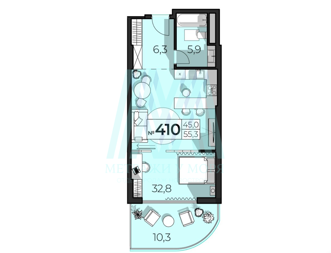 Однокомнатный апартамент в комплексе апартаментов Sky Plaza (Скай Плаза) 55,3 кв.м.