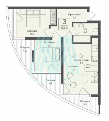 ЖК Премьер Форос, 3к апарты, 63.4м², 4 этаж, секция 1